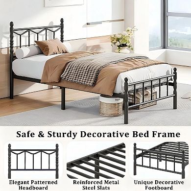 HOMZENE Twin Bed Frame, Metal Platform Bed with Headboard, Sculpted Wave Bed Posts, Easy Assembly