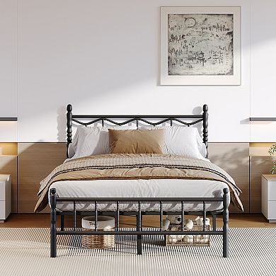 HOMZENE Twin Bed Frame, Metal Platform Bed with Headboard, Sculpted Wave Bed Posts, Easy Assembly