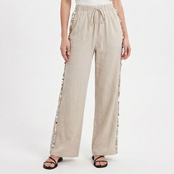Women's Wide Leg Pants with Elastic Drawstring Waist Shell Side Embellishments Lightweight Draped