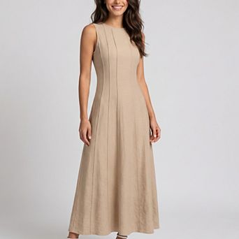 Women's Sleeveless Round Neck Panel Seam Maxi Dress with Fitted Bodice Flowy A-Line Skirt
