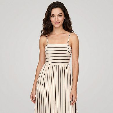 Women's Striped Square Neck Sleeveless Maxi Dress with Fitted Bodice Adjustable Straps