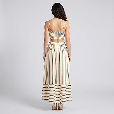 Women's Striped Square Neck Sleeveless Maxi Dress with Fitted Bodice Adjustable Straps