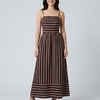 Women's Striped Square Neck Sleeveless Maxi Dress with Fitted Bodice Adjustable Straps