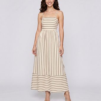 Women's Striped Square Neck Sleeveless Maxi Dress with Fitted Bodice Adjustable Straps