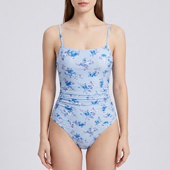 Women's Floral Print One Piece Swimsuit with Slim Straps Ruched Waist Scoop Neck High Cut Leg