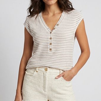 Women's Striped Knit V-Neck Henley Top Button Front Cap Sleeve Sweater