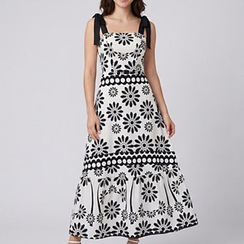Women's Tie Shoulder Square Neck Midi Dress Black and White Floral Smocked Tiered Sundress