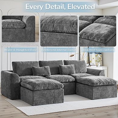 120" Comfy Cloud Couch U Shaped Sectional Sofa with Two Ottomans