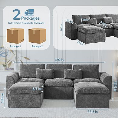 120" Comfy Cloud Couch U Shaped Sectional Sofa with Two Ottomans