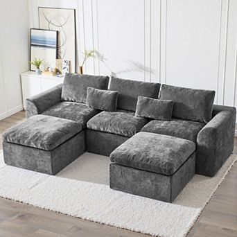 120" Comfy Cloud Couch U Shaped Sectional Sofa with Two Ottomans