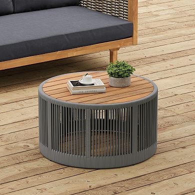 Outdoor Rattan Rope Wood Coffee Table with Iron Frame