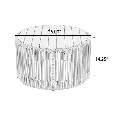 Outdoor Rattan Rope Wood Coffee Table with Iron Frame