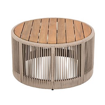 Outdoor Rattan Rope Wood Coffee Table with Iron Frame