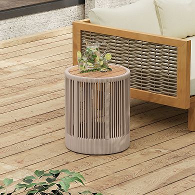 Outdoor Rattan Rope Wood Side Table with Iron Frame