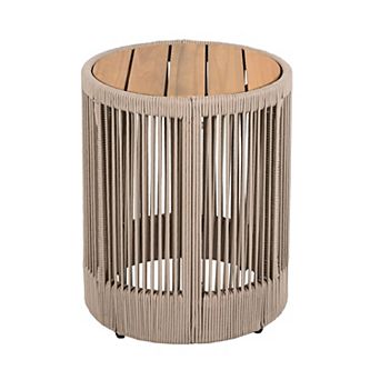 Outdoor Rattan Rope Wood Side Table with Iron Frame