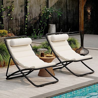 2pcs Folding Outdoor Rattan Lounge Chairs