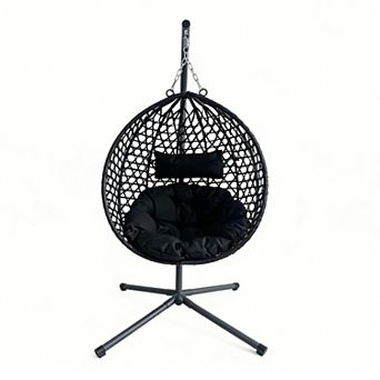 Folding Rattan Hanging Egg Chair with Stand, 350 lb Capacity