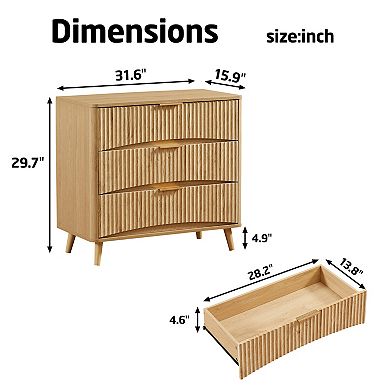 Mid-Century Fluted 3 Drawer Dresser with Vertical Grooved Design