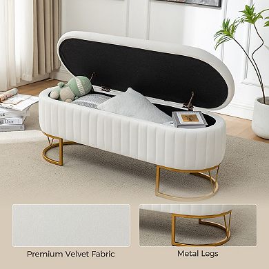 Velvet Oval Storage Bench with Gold Metal Legs