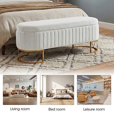 Velvet Oval Storage Bench with Gold Metal Legs