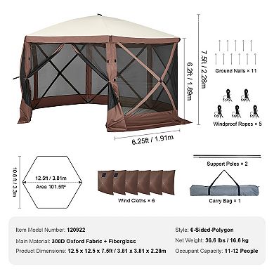 12.5x12.5 FT Pop Up Screen Tent with 6 Removable Windproof Cloths