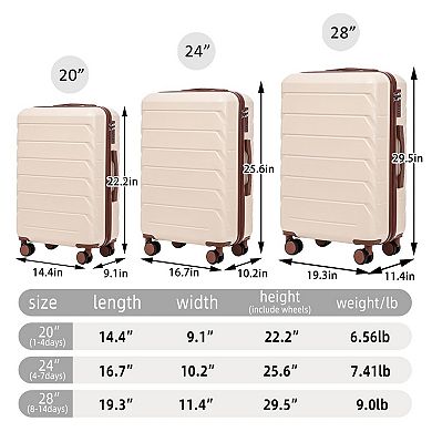 3-Piece 20" 24" 28" ABS Hardshell Luggage Set for Travel