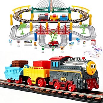2-in-1 Electric Train Set and Race Car Track for Kids Ages 4-8, with Light-Up Bridge