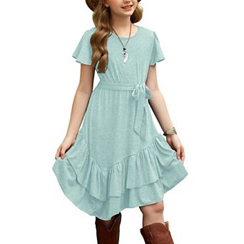 Arshiner Girl Valentine Dress Swing Dresses Midi Summer Kids Tween Dresses With Belt