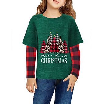 Arshiner Girls Christmas Halloween Long Sleeve Shirts Graphic Stripe Plaid Patchwork Top T-Shirt