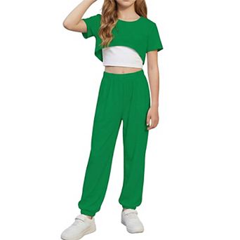 Arshiner Girls Summer Piece Set High Low Hem Short Sleeve Overlay Top