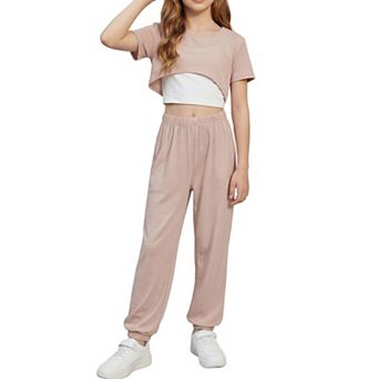 Arshiner Girls Summer Piece Set High Low Hem Short Sleeve Overlay Top