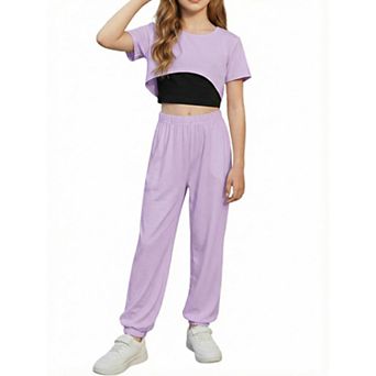 Arshiner Girls Summer Piece Set High Low Hem Short Sleeve Overlay Top