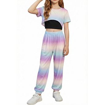 Arshiner Girls Summer Piece Set High Low Hem Short Sleeve Overlay Top
