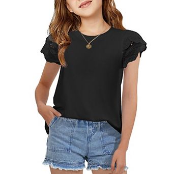 Arshiner Summer Shirts For Girls Lace Petal Sleeve Tshirts For Teen Girls Crewneck Summer Tops