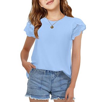 Arshiner Summer Shirts For Girls Lace Petal Sleeve Tshirts For Teen Girls Crewneck Summer Tops