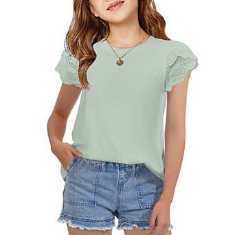 Arshiner Summer Shirts For Girls Lace Petal Sleeve Tshirts For Teen Girls Crewneck Summer Tops