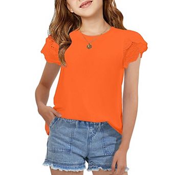 Arshiner Summer Shirts For Girls Lace Petal Sleeve Tshirts For Teen Girls Crewneck Summer Tops