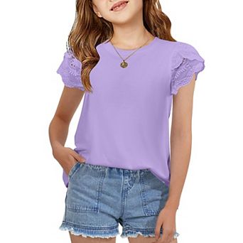 Arshiner Summer Shirts For Girls Lace Petal Sleeve Tshirts For Teen Girls Crewneck Summer Tops