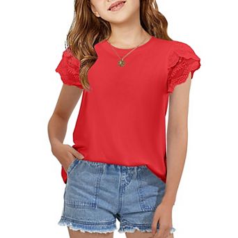 Arshiner Summer Shirts For Girls Lace Petal Sleeve Tshirts For Teen Girls Crewneck Summer Tops
