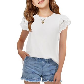 Arshiner Summer Shirts For Girls Lace Petal Sleeve Tshirts For Teen Girls Crewneck Summer Tops
