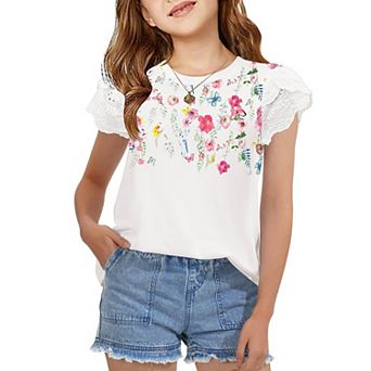 Arshiner Summer Shirts For Girls Lace Petal Sleeve Tshirts For Teen Girls Crewneck Summer Tops