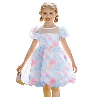 Arshiner Toddler Girls Dress Contrast Mesh Puff Short Sleeve Flowy Bubble Hem Mini Dress Tie Dye