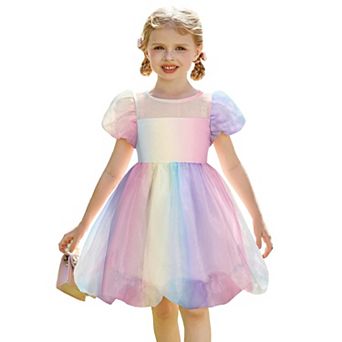 Arshiner Toddler Girls Dress Contrast Mesh Puff Short Sleeve Flowy Bubble Hem Mini Dress Tie Dye