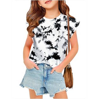 Arshiner Shirts For Teen Girls Cap Sleeve Tie Dye Shirts For Girls Round Neck Loose
