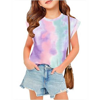 Arshiner Shirts For Teen Girls Cap Sleeve Tie Dye Shirts For Girls Round Neck Loose
