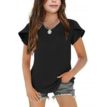 Arshiner Girls Tops Ruffle Sleeve T Shirts For Teen Girls V Neck Clothes For Short Sleeve