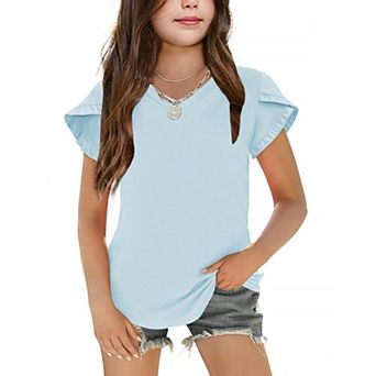 Arshiner Girls Tops Ruffle Sleeve T Shirts For Teen Girls V Neck Clothes For Short Sleeve