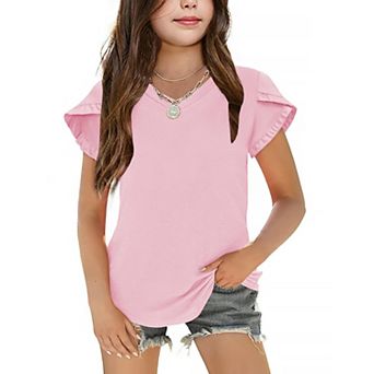 Arshiner Girls Tops Ruffle Sleeve T Shirts For Teen Girls V Neck Clothes For Short Sleeve