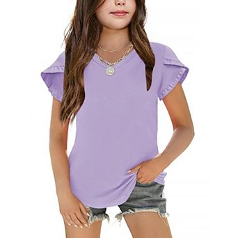 Arshiner Girls Tops Ruffle Sleeve T Shirts For Teen Girls V Neck Clothes For Short Sleeve