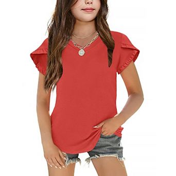 Arshiner Girls Tops Ruffle Sleeve T Shirts For Teen Girls V Neck Clothes For Short Sleeve